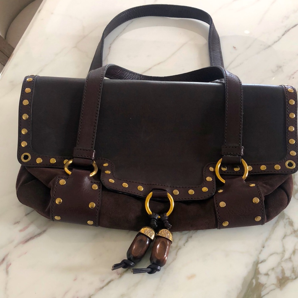 YSL suede handbag with golden grommets & detail